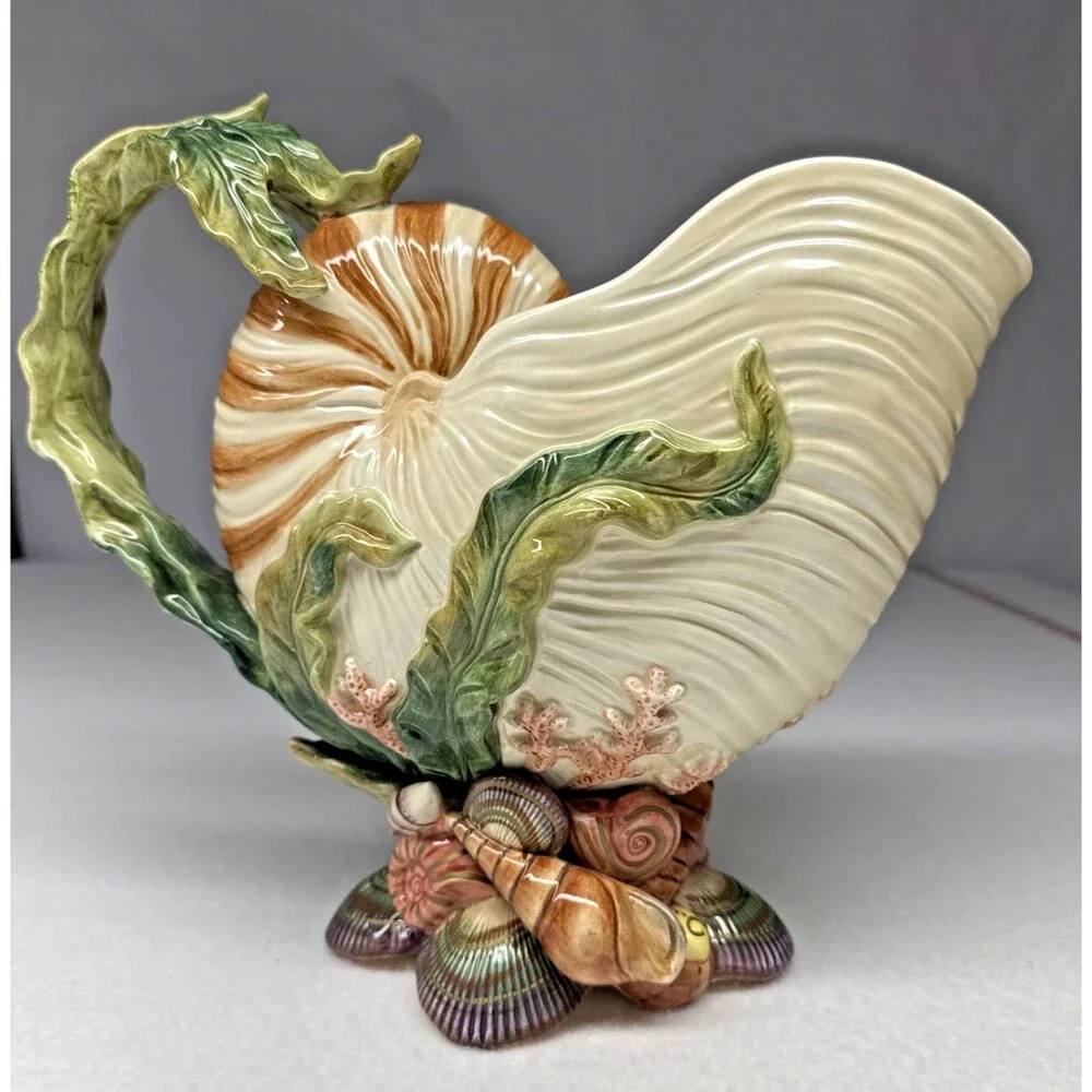 Fitz & Floyd Oceana Nautilus Shell Pitcher 1998 Large Coastal Seashell Vase